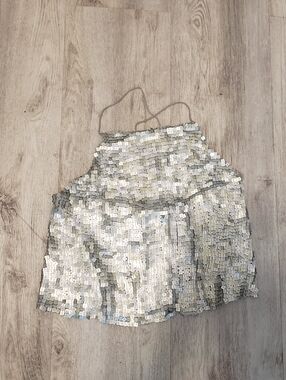 DKNY Silver-Beige Silk Top with Metallic Stitching